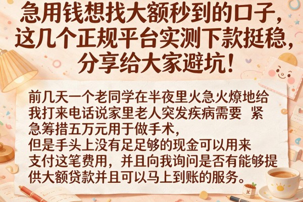 急用钱想找大额秒到的口子，这几个正规平台实测下款挺稳，分享给大家避坑！