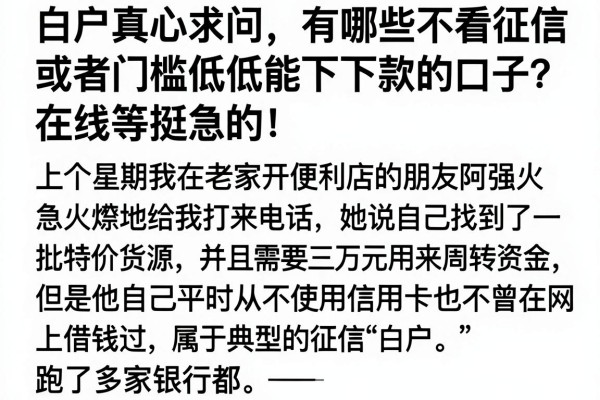 白户真心求问，有哪些不看征信或者门槛低能下款的口子？在线等挺急的！
