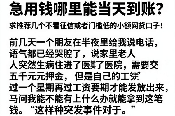 急用钱哪里能当天到账？求推荐几个不看征信或者门槛低的小额网贷口子！