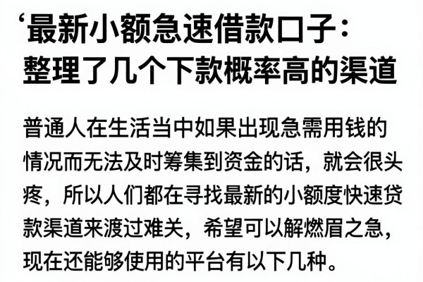 最新小额急速借款口子：整理了几个下款概率高的渠道