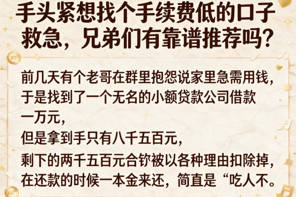 手头紧想找个手续费低的口子救急,兄弟们有靠谱推荐吗?