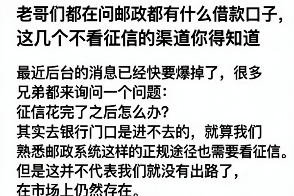 老哥们都在问邮政都有什么借款口子,这几个不看征信的渠道你得知道