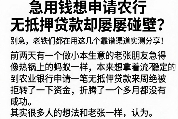 急用钱想申请农行无抵押贷款却屡屡碰壁？别急，老铁们都在用这几个靠谱渠道实测分享！