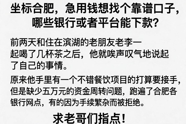 坐标合肥，急用钱想找个靠谱口子，哪些银行或者平台能下款？求老哥们指点！