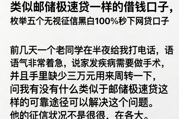类似邮储极速贷一样的借钱口子，枚举五个无视征信黑白100%秒下网贷口子