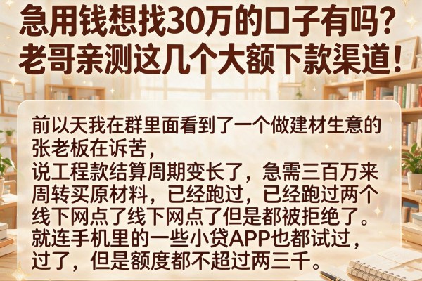 急用钱想找30万的口子有吗？老哥亲测这几个大额下款渠道！