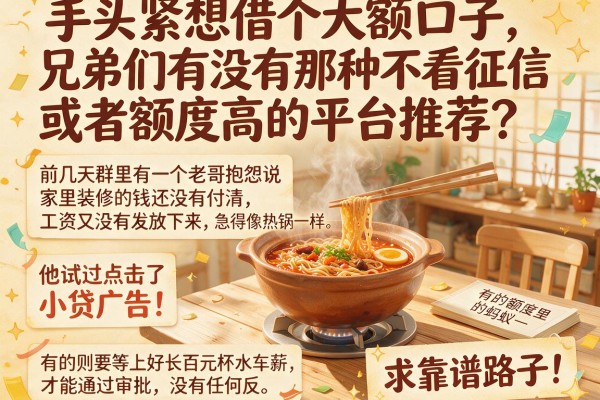 手头紧想借个大额口子，兄弟们有没有那种不看征信或者额度高的平台推荐？求靠谱路子！