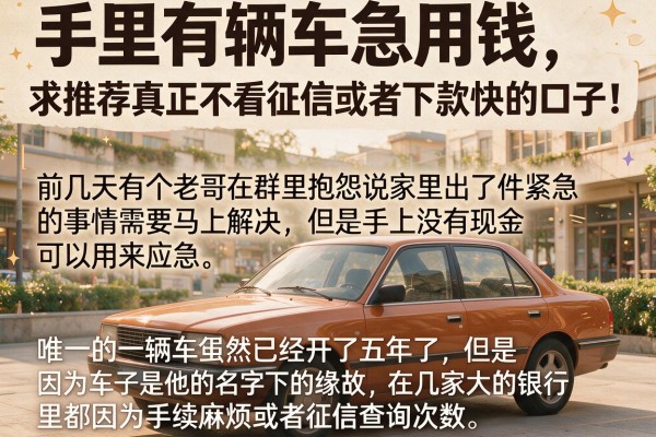 手里有辆车急用钱，求推荐真正不看征信或者下款快的口子！