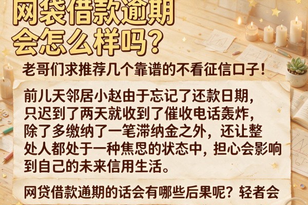 网袋借款逾期会怎么样吗？老哥们求推荐几个靠谱的不看征信口子！