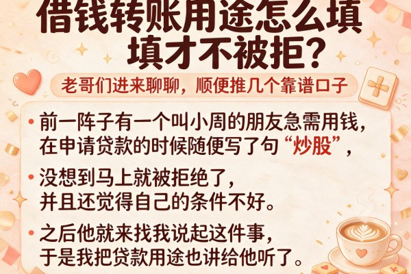 借钱转账用途怎么填才不被拒？老哥们进来聊聊，顺便推几个靠谱口子