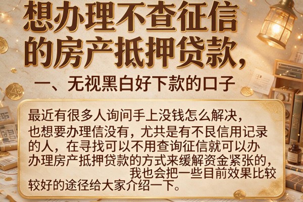 想办理不查征信的房产抵押贷款，陈列五个无视黑白好下款的口子