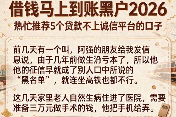 借钱马上到账黑户2026，热忱推荐5个贷款不上诚信平台的口子