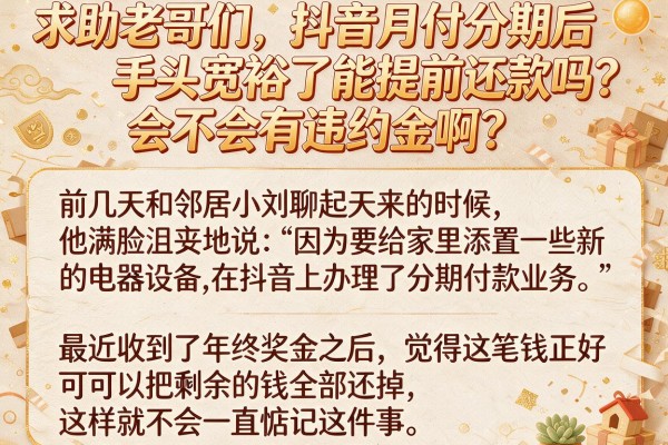 求助老哥们，抖音月付分期后手头宽裕了能提前还款吗？会不会有违约金啊？