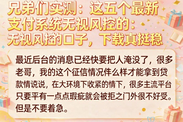 兄弟们实测：这五个最新支付系统无视风控的口子，下款真挺稳