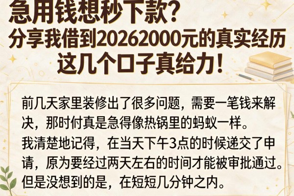 急用钱想秒下款?分享我借到20262000元的真实经历,这几个口子真给力!