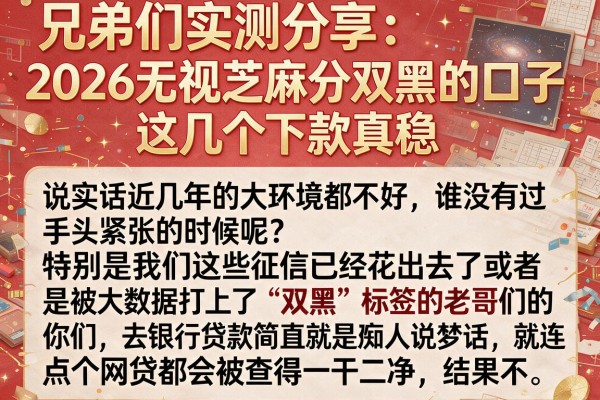 兄弟们实测分享：2026无视芝麻分双黑的口子，这几个下款真稳