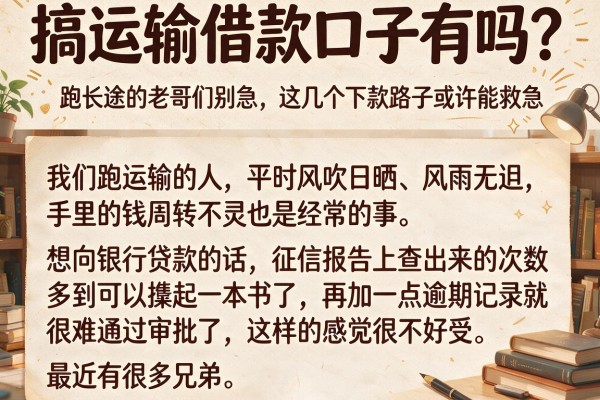 搞运输借款口子有吗？跑长途的老哥们别急，这几个下款路子或许能救急