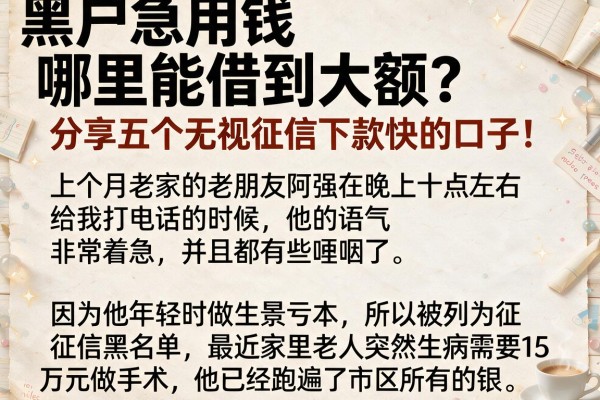 黑户急用钱哪里能借到大额？分享五个无视征信下款快的口子！