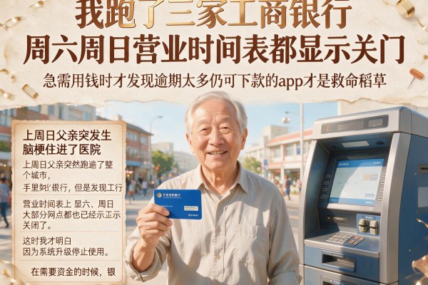 我跑了三家工商银行周六周日营业时间表都显示关门，急需用钱时才发现逾期太多仍可下款的app才是救命稻草