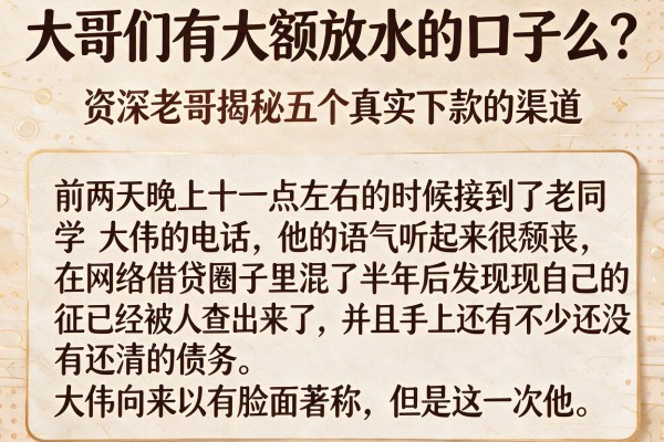 大哥们有大额放水的口子么？资深老哥揭秘五个真实下款的渠道