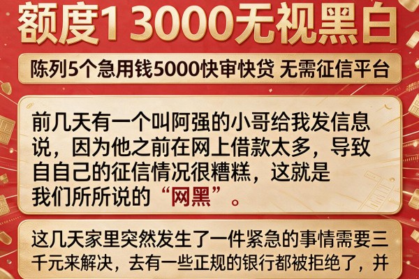 额度1 3000无视黑白，陈列5个急用钱5000快审快贷无需征信平台