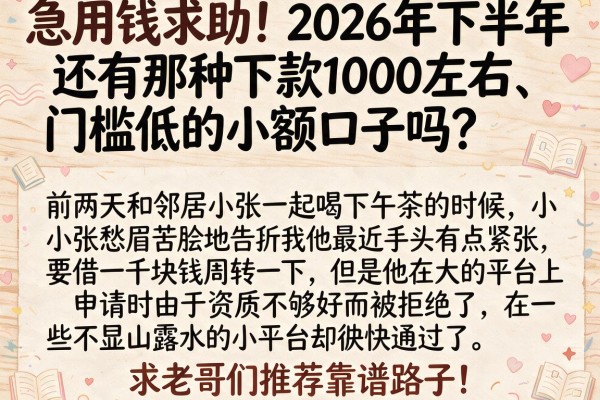 急用钱求助！2026年下半年还有那种下款1000左右、门槛低的小额口子吗？求老哥们推荐靠谱路子！